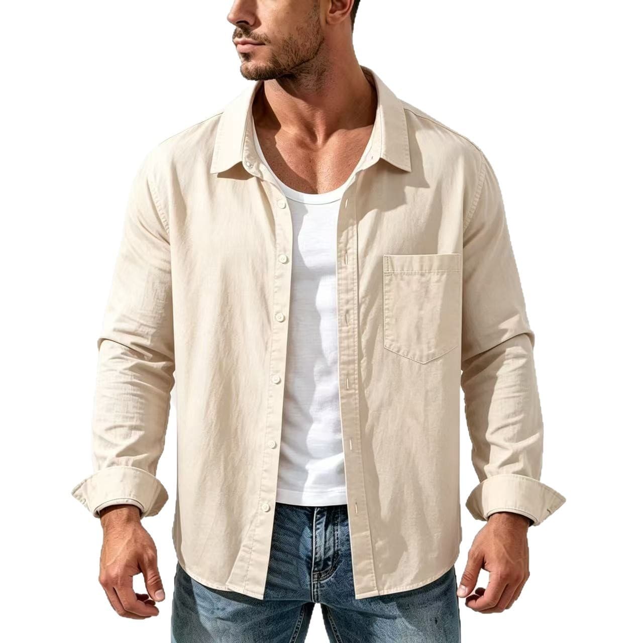Men's cotton and linen long-sleeved shirts, men's loose large size shirts, linen fabric tops, national style new cotton and linen men's shirts