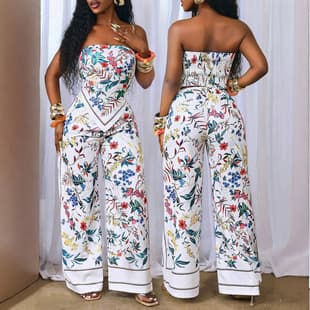 Cross-border Amazon Bestseller Strapless Tube Top with Triangle Hem & Casual Long Pants Floral Print Two-Piece Set