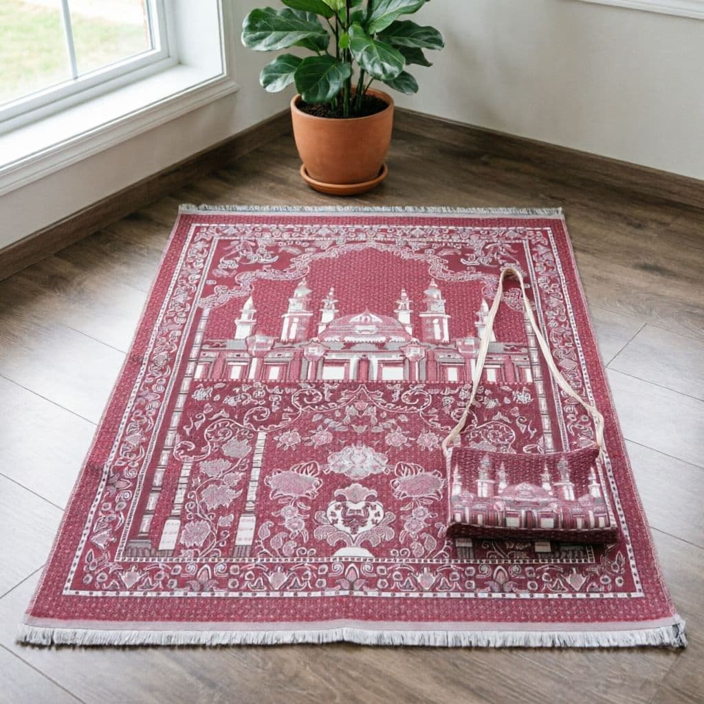 Middle Eastern Vintage Pattern Lightweight Foldable Prayer Mat with Storage Bag, Machine-Woven Cotton Gauze Compact Set