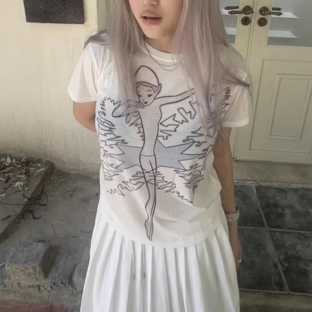 Korean Style 26 New Slim Fit Artistic Ballet Girl Fairy Graphic Short Sleeve T-Shirt Top