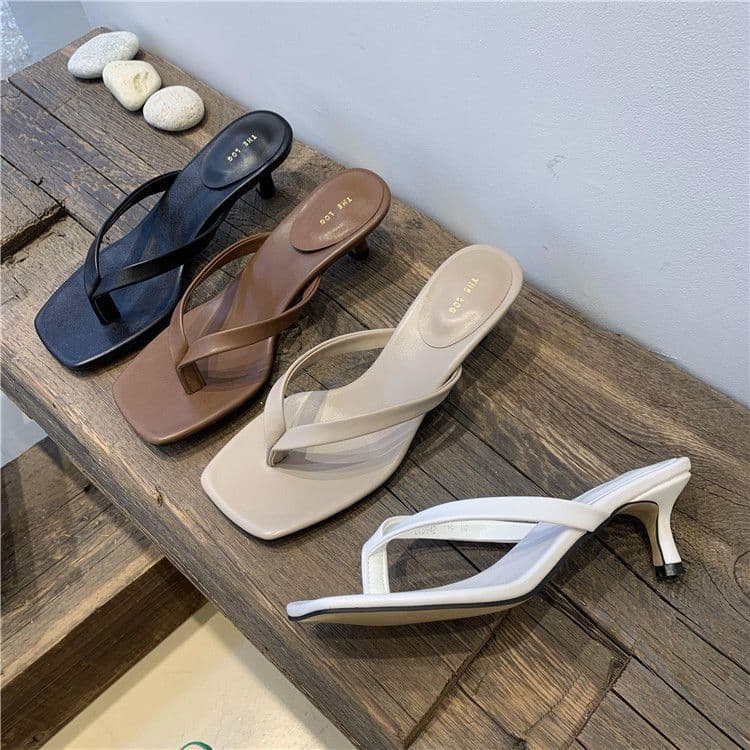 Women's Outdoor Slippers 2023 New Summer Square Toe High Heel Sandals with Thin Heel, Toe Clip, Versatile Flip Flops Trend