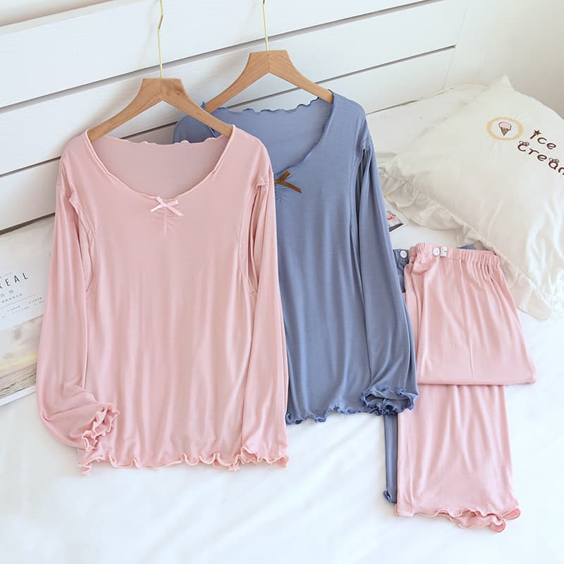 Modal Maternity Pajamas Thin Autumn Pregnant Postpartum Nursing Pure Color Homewear Simple Moon Suit Trendy Mom Set