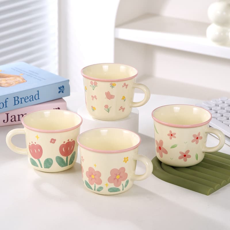 Ins-style Tulip Flower Ceramic Mug, Cute Creative Coffee Cup for Women, Breakfast Cup, High-Temperature Resistant