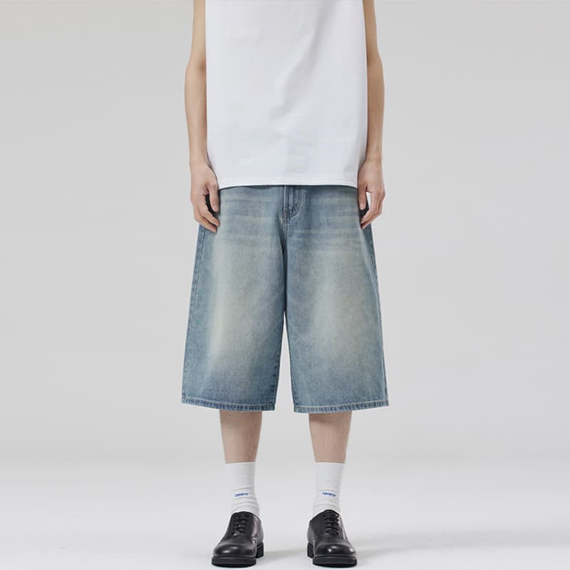 LKTM Men's Summer Korean Washed Wide-Leg Cropped Jeans, Loose Fit, Slimming, Straight-Leg Shorts for Men and Women