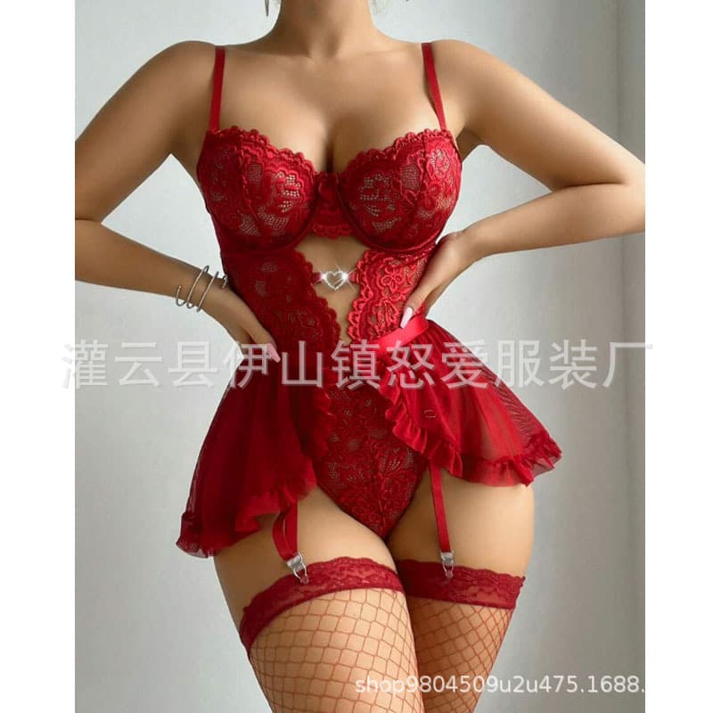European and American style sexy lingerie set with lace and mesh, hollowed-out seductive backless sexy skirt bodycon