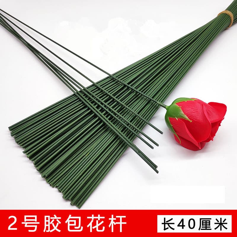 Artificial flower stems, coated with glue, size 2, 40cm green wire, suitable for DIY rose bouquets.