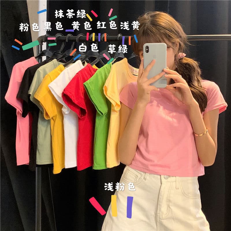 2026 Short Crop Top Short Sleeve Instagram Viral Candy Color High Waist Crop Top Solid Color Top Bestie Outfit Student Summer T-Shirt Women
