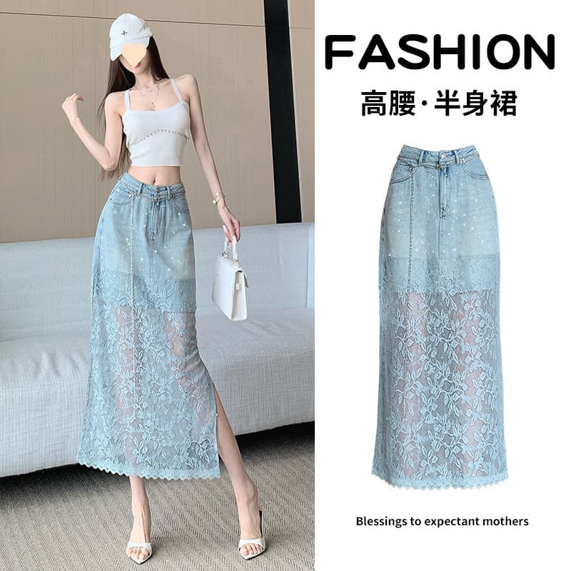 Lace Patchwork Denim Skirt 2025 Summer New High Waist Slimming Split Fashion Mid-Length A-Line Skirt
