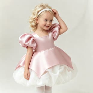 European and American Cross-border Girl's First Birthday Dress, Flower Girl Wedding Dress, Bubble Sleeve Princess Dress, Satin Dress