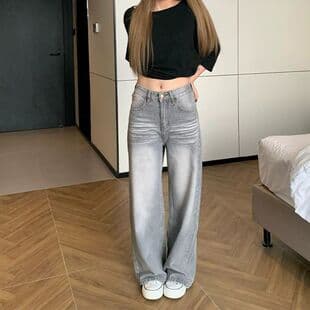 American Vintage Grey Washed Wide Leg Jeans for Women Summer New Wave Flowy Loose Straight Leg Floor-Length Pants