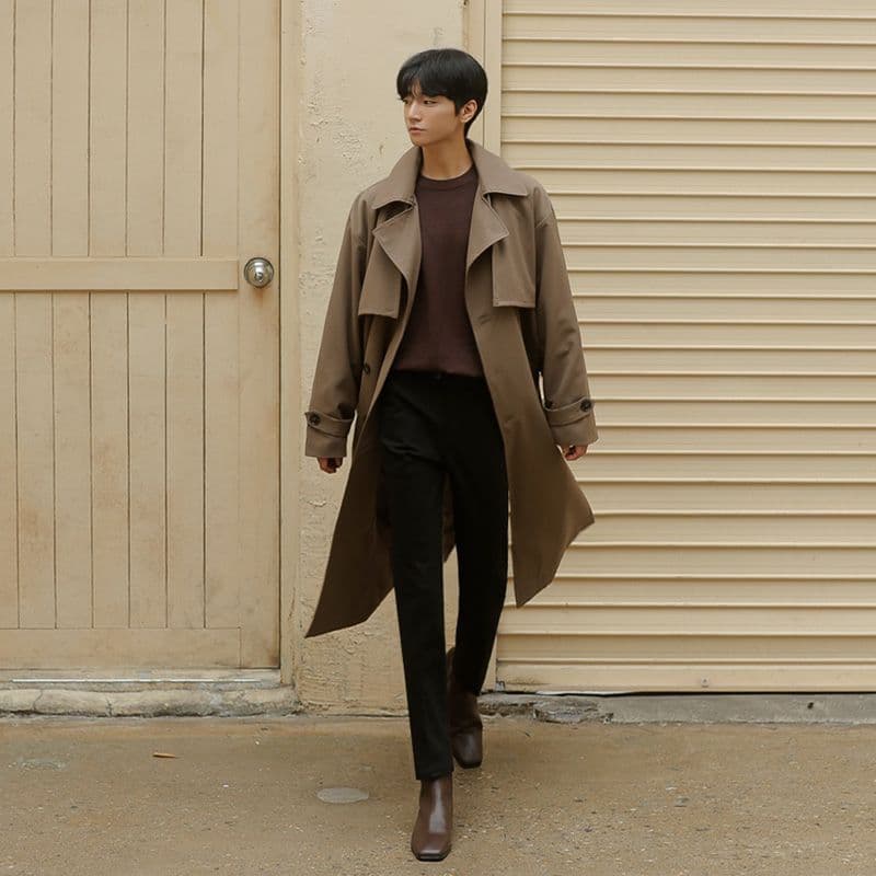 Men's mid-length over-the-knee trench coat, autumn/winter style, Korean loose fit, long coat, British trendy lapel, double-breasted jacket.