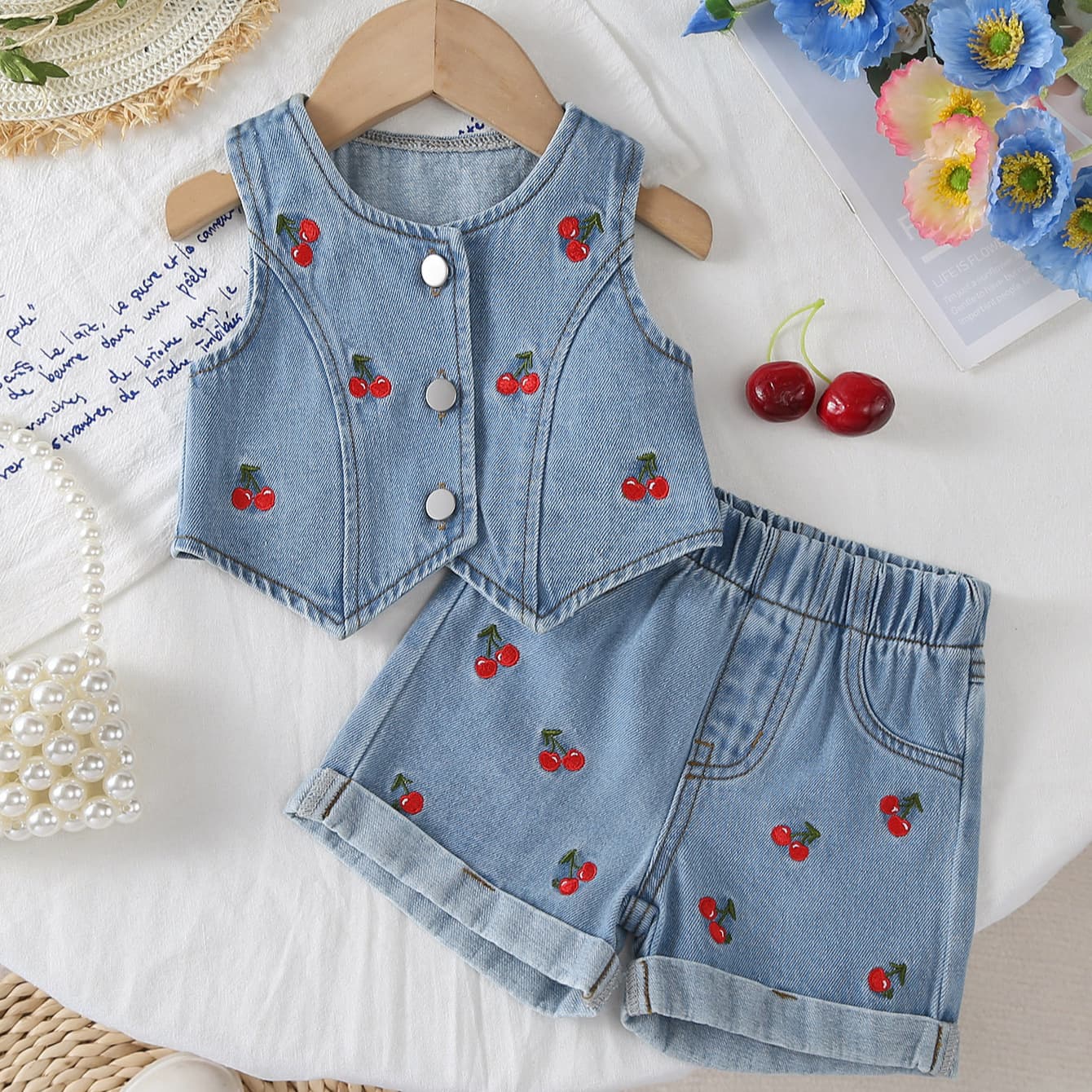 Girls Pants Set Summer New Style, Fashionable Toddler Summer Outfit, Baby Girl Denim Vest Two-Piece Cross-Border
