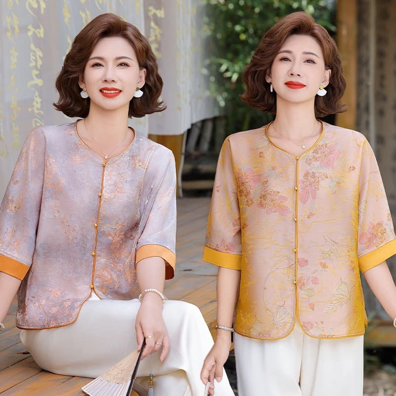 New Chinese-Style Blouse for Middle-Aged and Elderly Women, Summer New Arrival Jacquard Floating Light Brocade National-Style Shirt, Mother's Summer Clothing