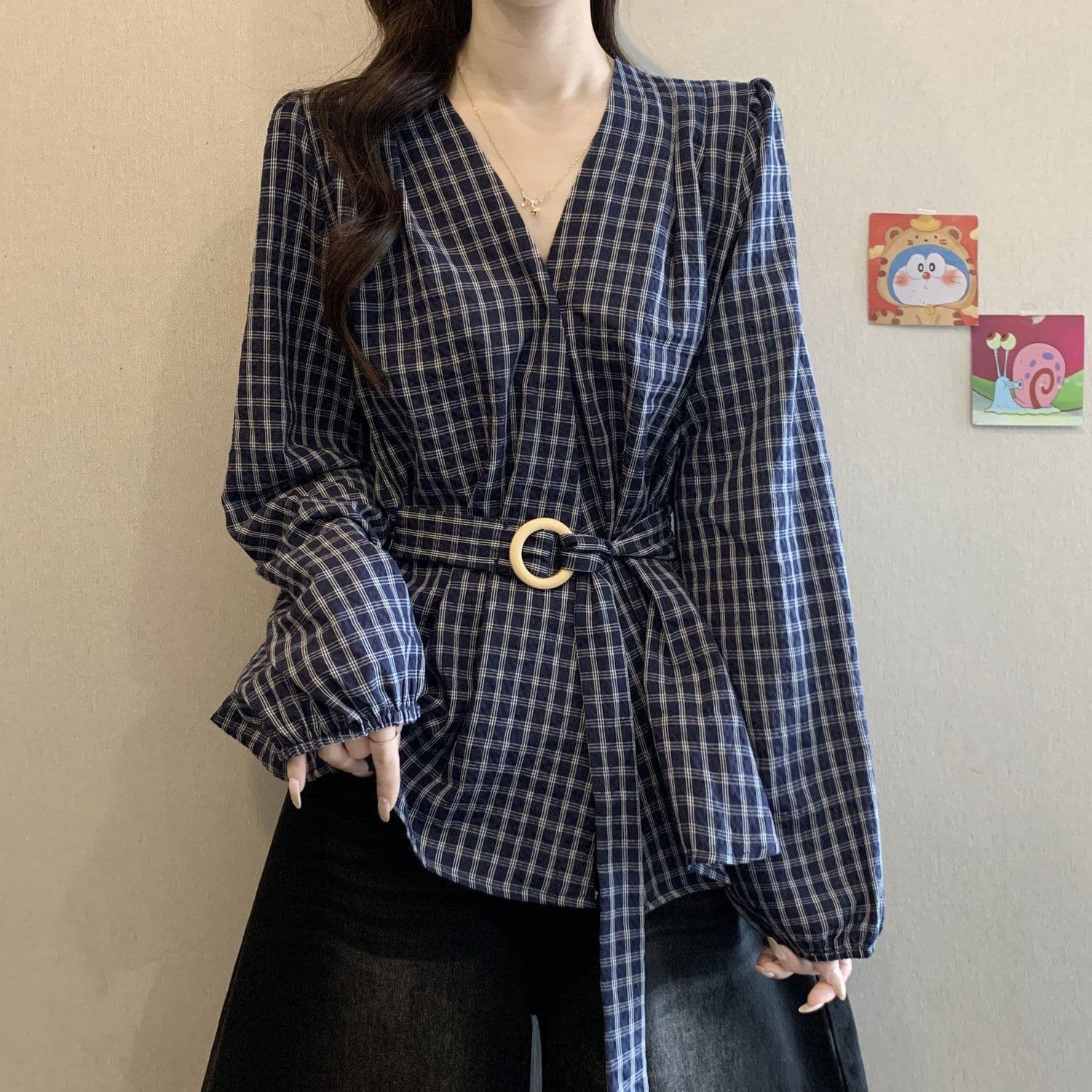 Retro Plaid V-Neck Long-Sleeve Shirt for Women, New Spring/Autumn Style Plus Size, Slimming High-End Waist-Cinching Base Layer Top