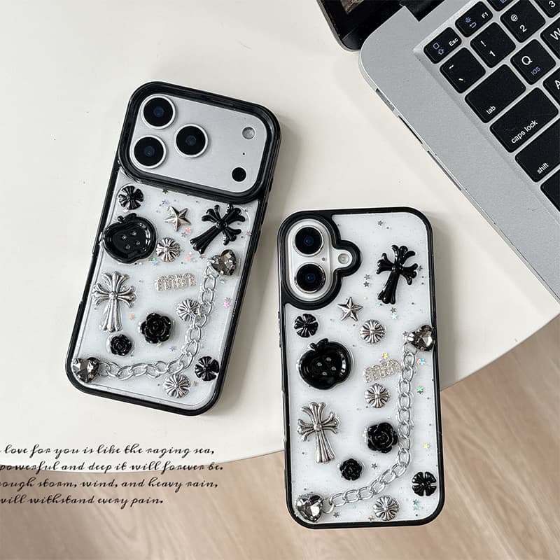 Compatible with Apple 17 Pro Max Cross Creative Button Phone Case iPhone 16 Epoxy 15 Rhinestone 15 Glitter
