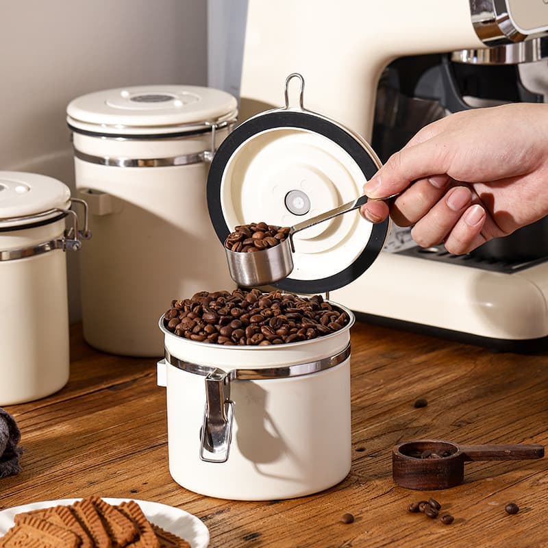 304 Stainless Steel Coffee Bean Storage Canister with Measuring Scoop, Home Use Degassing Valve for Freshness