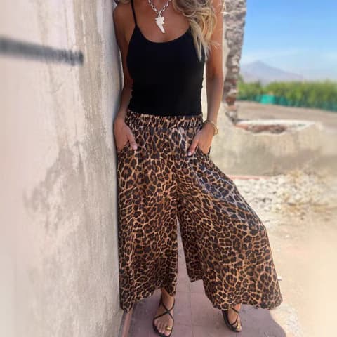 2025 New High-Waist Leopard Print Loose Casual Wide-Leg Pants for Women, Amazon & Independent Site Cross-Border European/American Style