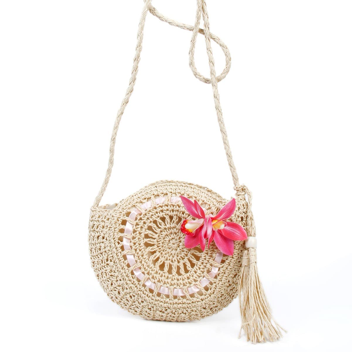 New Floral Straw Woven Bag Shoulder Crossbody Women's Handmade Woven Bag Hollow Fringe Forest Vacation Leisure Travel Bag