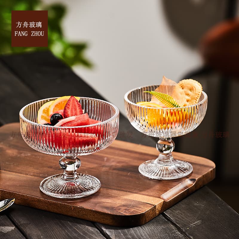 Simple Thickened Glass Cup with High-End Striped Design, Ice Cream Cup, Dessert Cup, High-Aesthetic Bird's Nest Bowl
