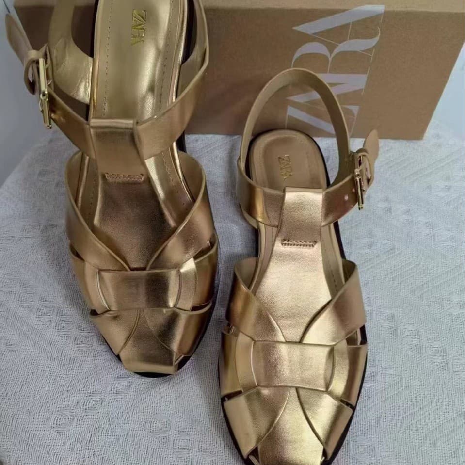 2025 Korean Style Woven Flat Roman Sandals Women's Summer New Style Closed Toe Back Strap Women's Sandals