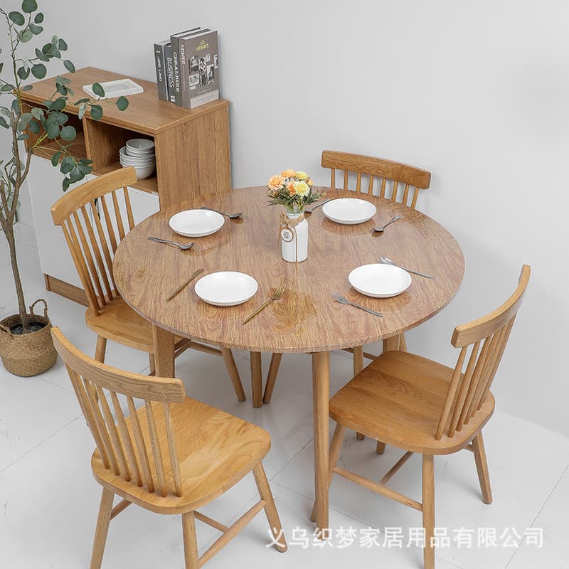 Cross-border PVC Elastic Waterproof Tablecloth Round Stretch Table Cover with Flannel Backing Pine Wood Grain Pattern
