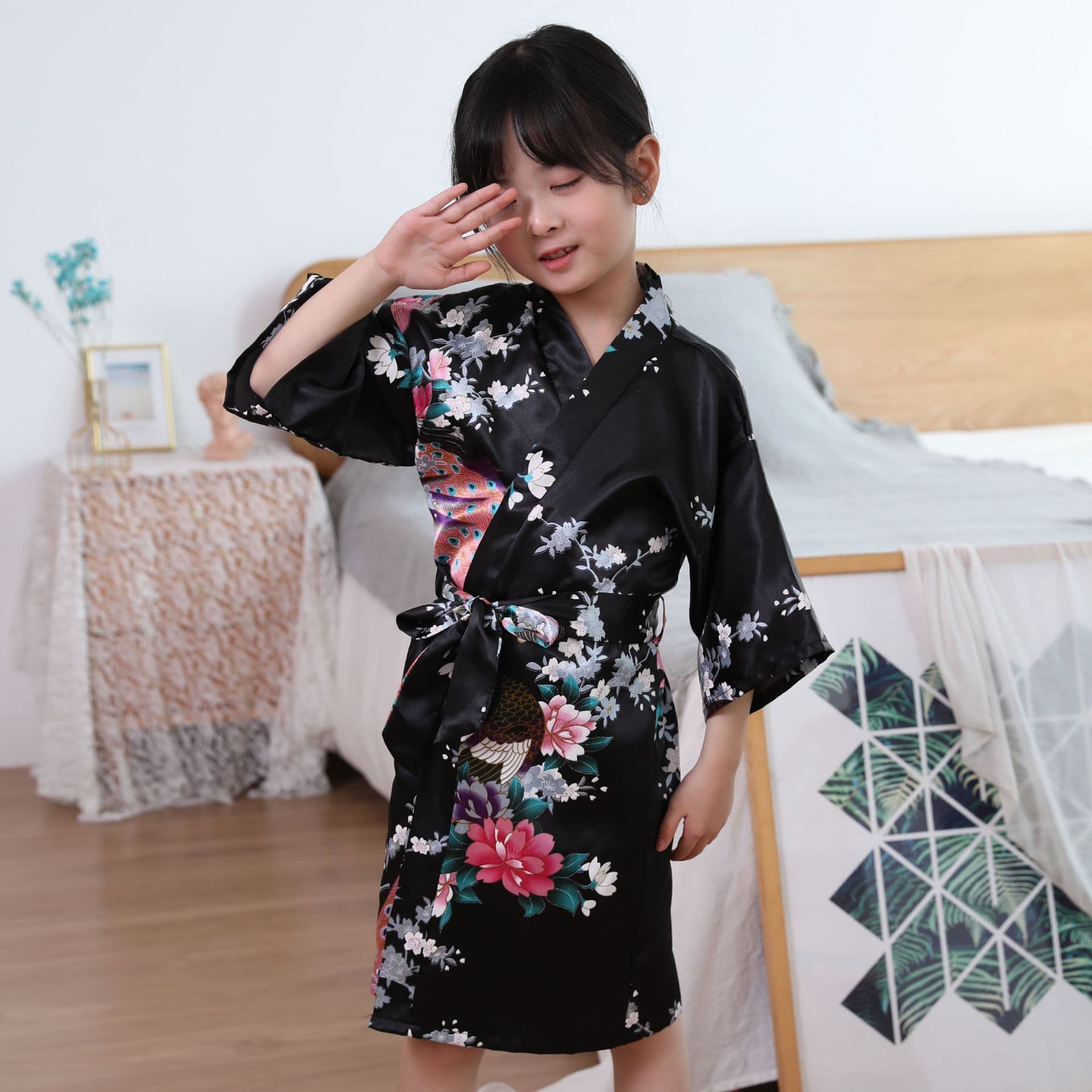 Children's Nightgown Nightgown Peacock Thin Women's Kimono Bathrobe 2024 Summer New Long Satin Home Clothes Foreign Trade