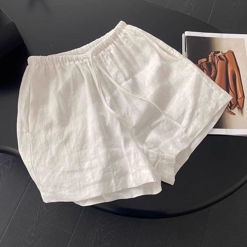 Women's Summer Linen-Cotton Sport Wide-Leg Shorts, New Elastic Waist with Drawstring, A-Line Knee-Length Hot Pants