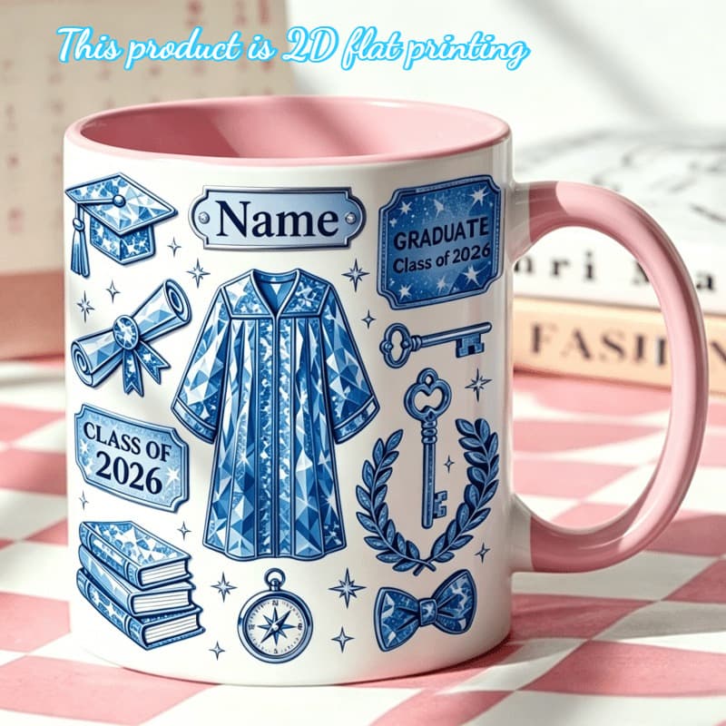 Heat Transfer Full-Color 2D Blue Diamond Graduation Cap and Gown Print Coffee Mug