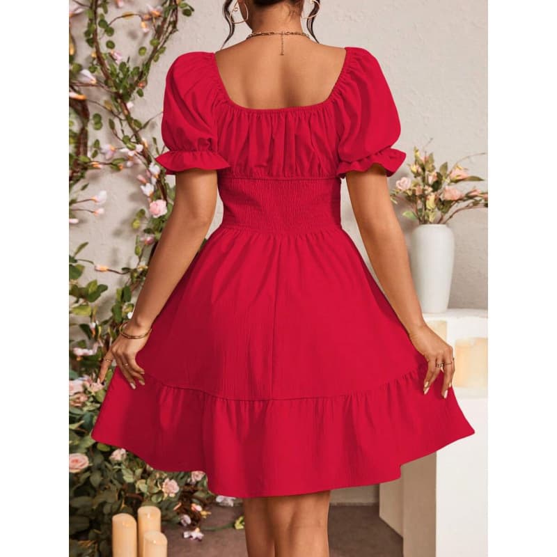 Cross-border Amazon Europe and America 2026 new summer style temperament ruffled solid color puff sleeves square collar short dress