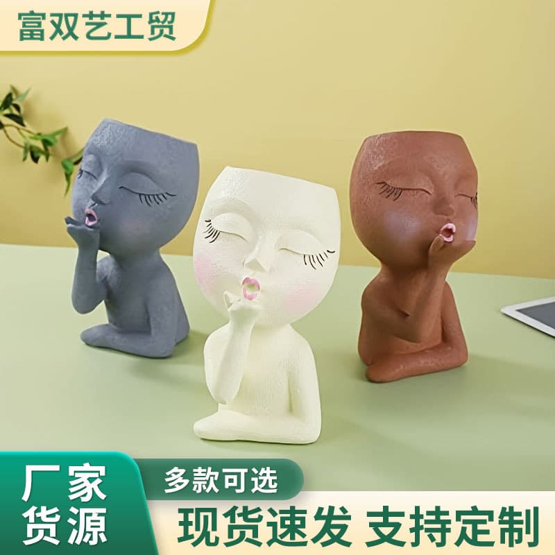 Nordic Style Creative Gardening Doll Resin Ornaments Succulent Plant Pots Deep Pot Head Flower Arrangements