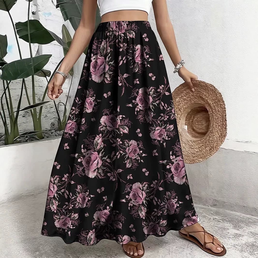 European and American cross-border skirt women's new summer flower print long elastic waist skirt vacation casual A-line skirt