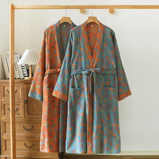 Yarn-Dyed Jacquard Double-Layer Gauze Cotton Robe Spring Autumn Japanese Kimono Bathrobe Sleepwear Homewear Vintage Nightgown