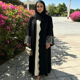 F516 Women's Export Rhinestone & Pearl Embellished Cardigan Maxi Dress, Loose Fit, Fashionable, Nida Fabric, In Stock