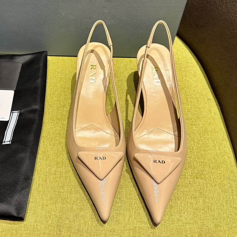 Premium Metal Triangle Logo High Heels 2025 Pointed Toe Open Back Stiletto Sandals European French Kitten Heel Women's Shoes