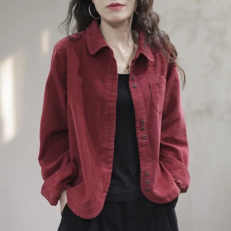 In Stock Autumn Shirt Artistic Casual Fashion Black Long Sleeve Turn-Down Collar Corduroy Women's Blouse Cardigan