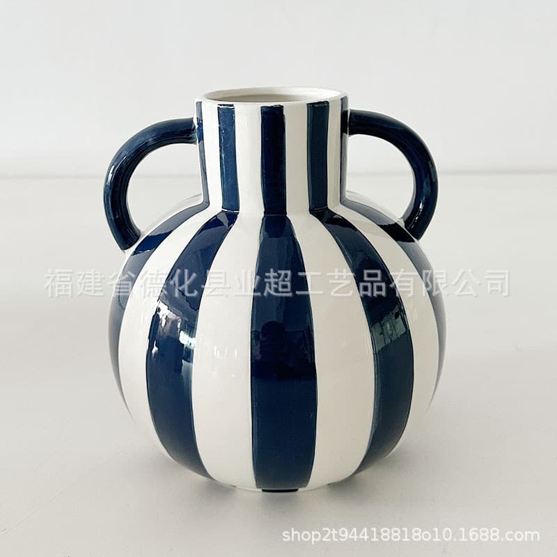 Simple Hand-Painted Striped Ceramic Vase, Ins-Style Desktop Hydroponic Flower Vase, High-End Vase with Double Handles