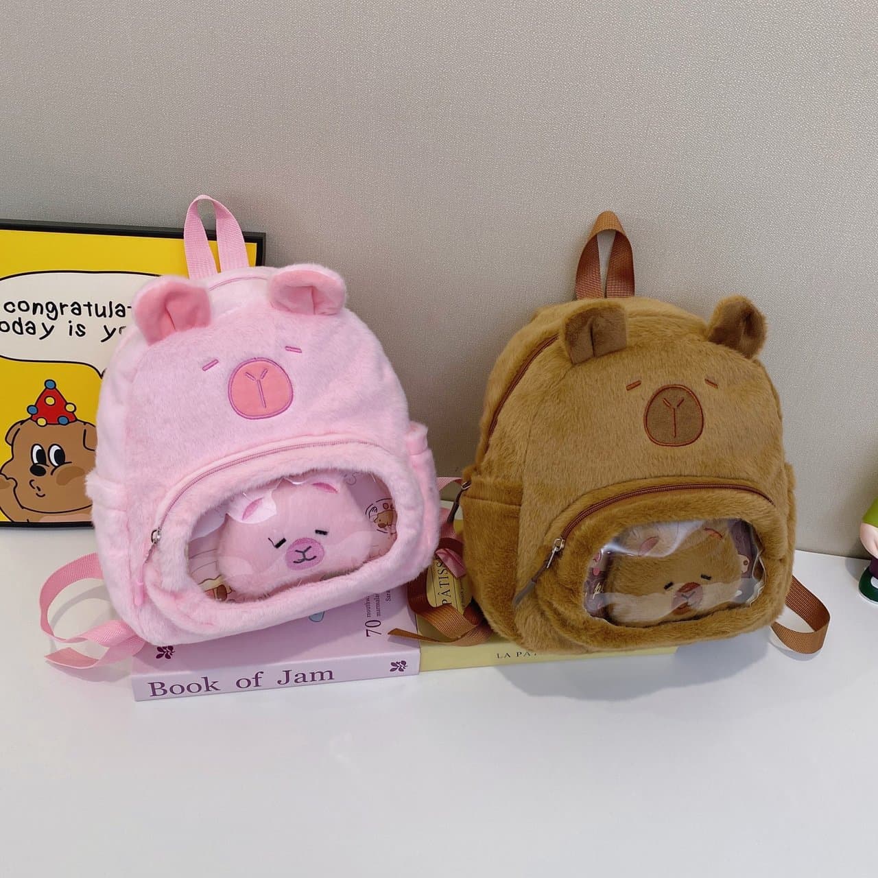 New Cross-border Capybara Plush Backpack, Cute Personality Furry Bag, Cartoon Water Pig Student Small Backpack