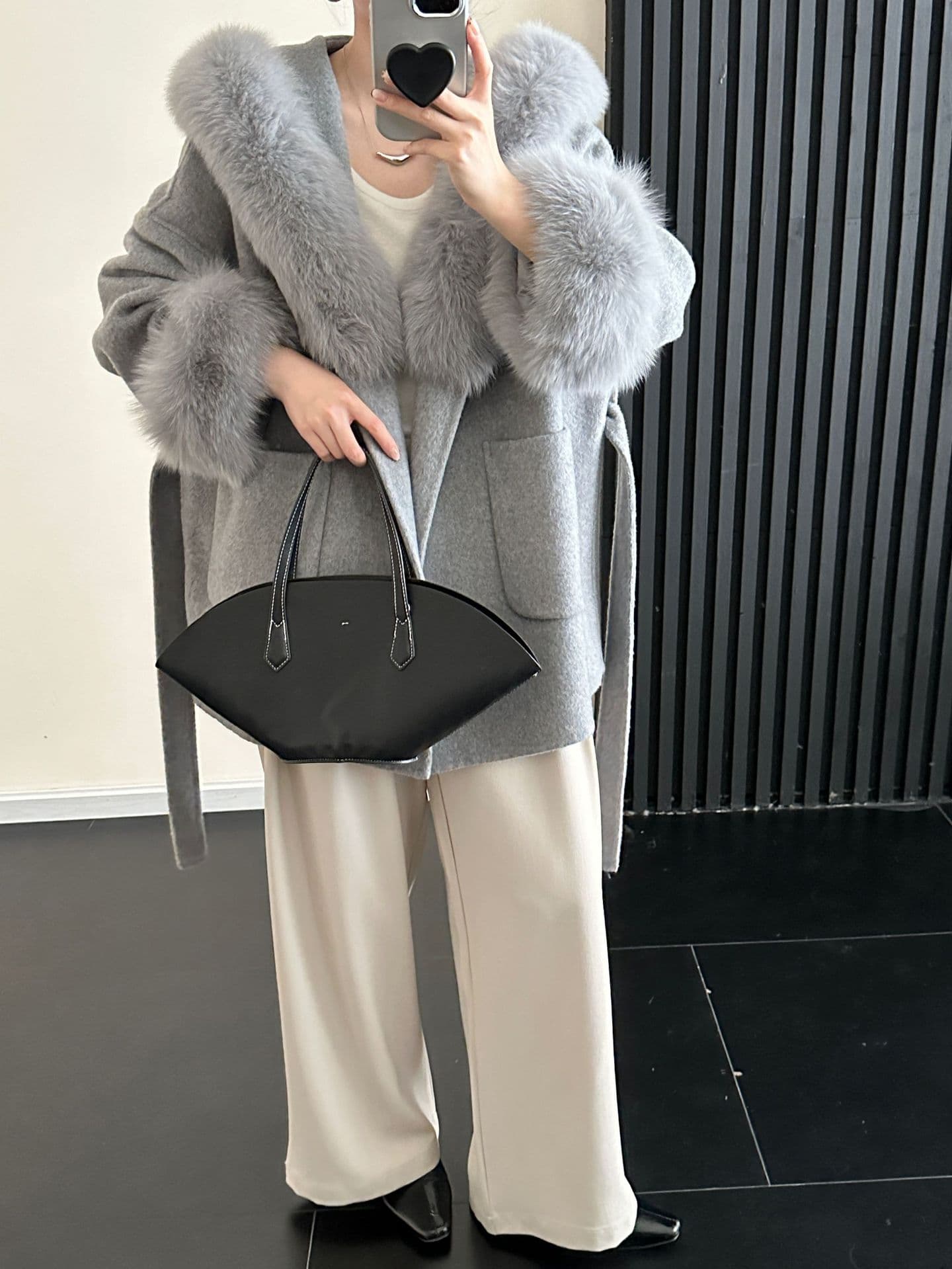 Fox fur detachable cuffs hooded lace-up long sleeves drop shoulder sleeves mid-length double-sided woolen coat for women