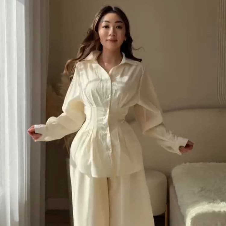 Comfortable Casual Solid Color Waist-Tied Shirt and Long Pants Set 2026 Cross-Border European and American Style Spring New Arrival Hot Sale