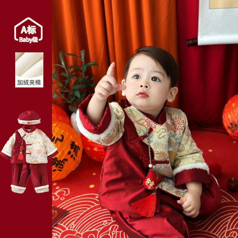 Autumn/Winter Fleece/Cotton New 100-Day Baby Tang Suit Infant Zhuazhou Outfit Children Festive Warm Birthday Banquet Formal Wear
