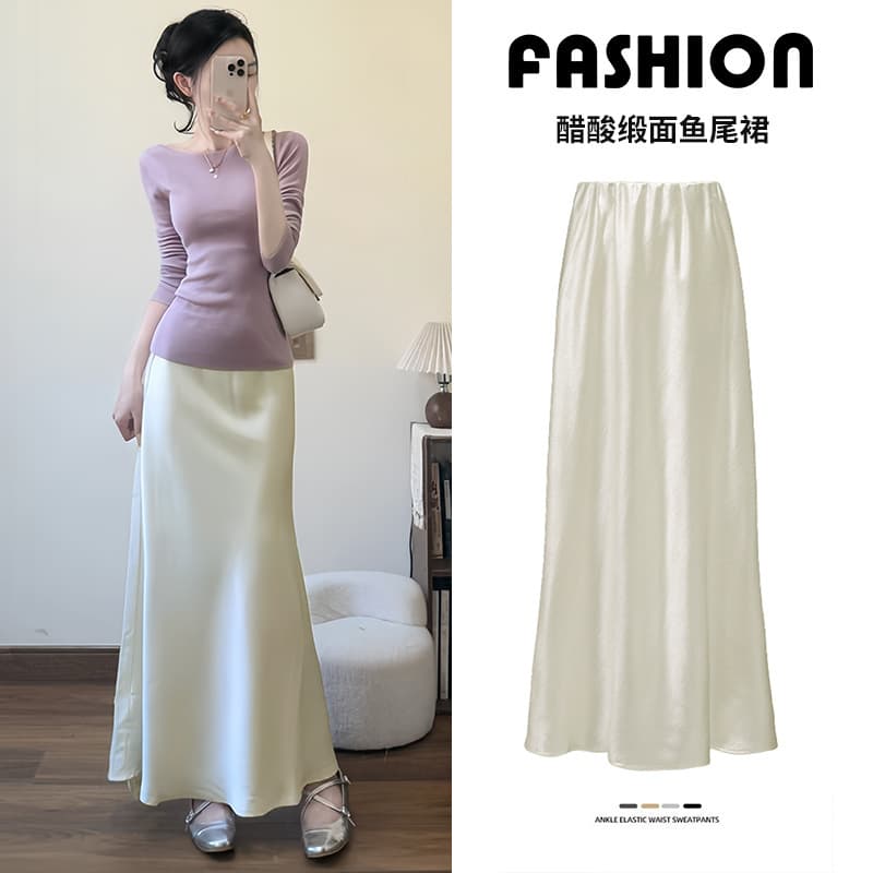 Off-white Acetate Satin Skirt for Women Spring Summer 2025 New Style Elegant Mid-Length Pencil Mermaid Skirt