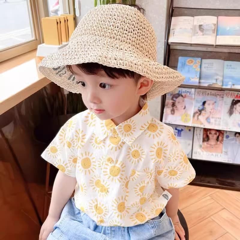 Little Sun Resort Style Kids Summer Short Sleeve Shirt for Boys, Trendy Turn-Down Collar Blouse, Baby Top Jacket, Thin Fabric