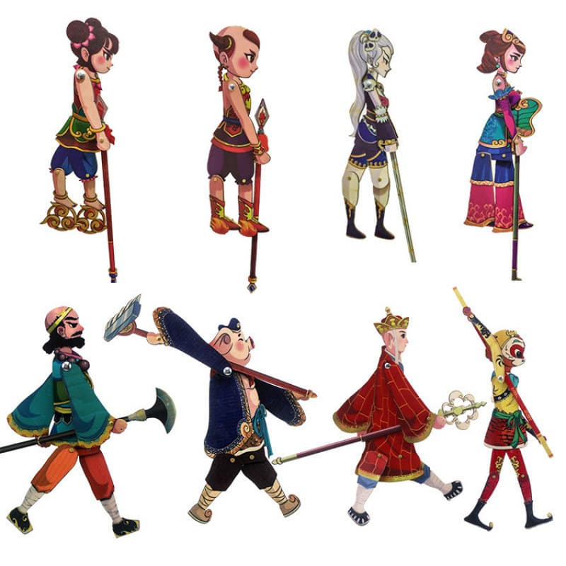Free shipping on complete set of Journey to the West shadow puppet show props, wooden, with control levers, antique style nostalgic toy shadow puppets wholesale.