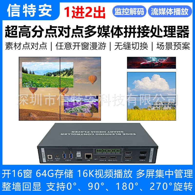 1-in 2-out Horizontal and Vertical Tiled Screen Point-to-Point Image Video Splicing Processor Ultra-High Resolution Split-Screen Multimedia Player