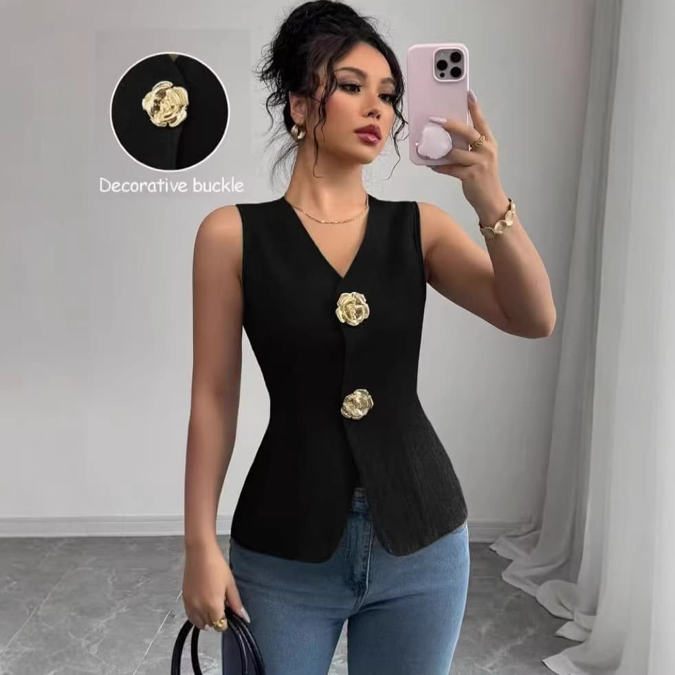 2026 Temu Europe and America Cross-border Trade New Fashion Elegant V-Neck Slim Fit Rose Button Decoration Women's Vest