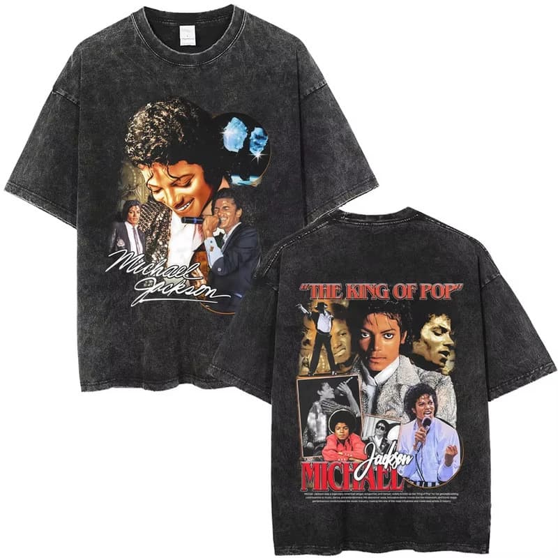 230g European Size Michael Jackson Vintage Washed Black T-Shirt Comfortable Breathable Versatile Celebrity Style Short Sleeve