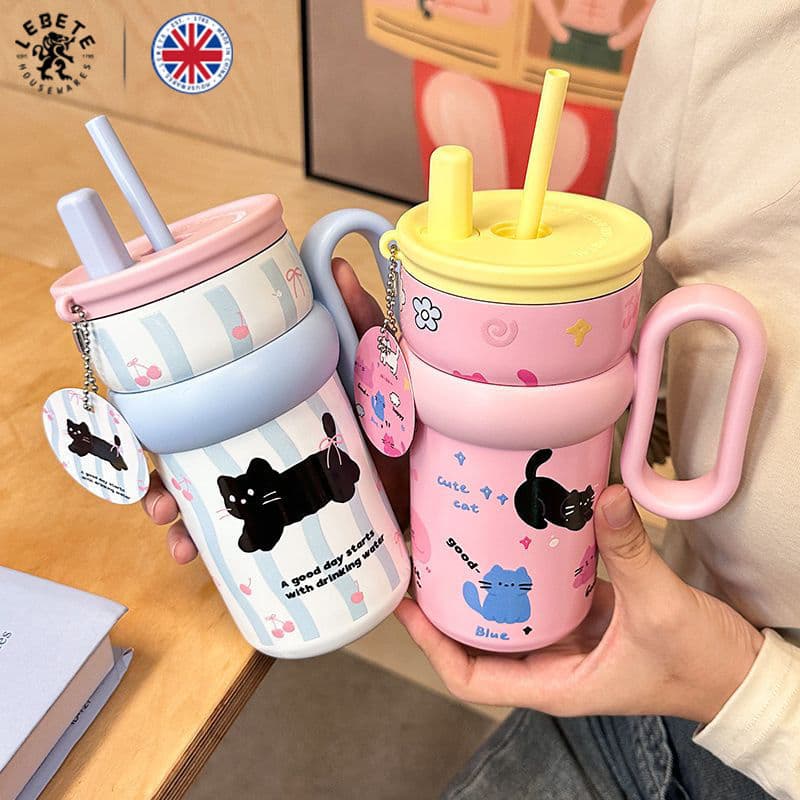 Lebete Large Capacity Insulated Cup for Women, Office Water Bottle, Giant Student Cup with Handle and Straw