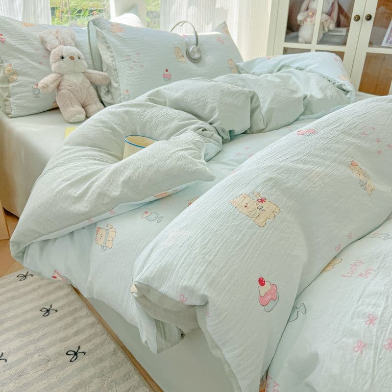 Class A Mother & Baby Grade Extra Soft Washed Cotton Four-Piece Set Cartoon Duvet Cover Dormitory Bed Sheet Three-Piece Set Bedding Duvet Cover Fitted Sheet 4