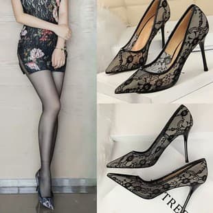 High-end Plus Size Lace High Heels Women 2025 New Summer Lace Women Sandals Pointed Toe Banquet Thin Heel Shoes