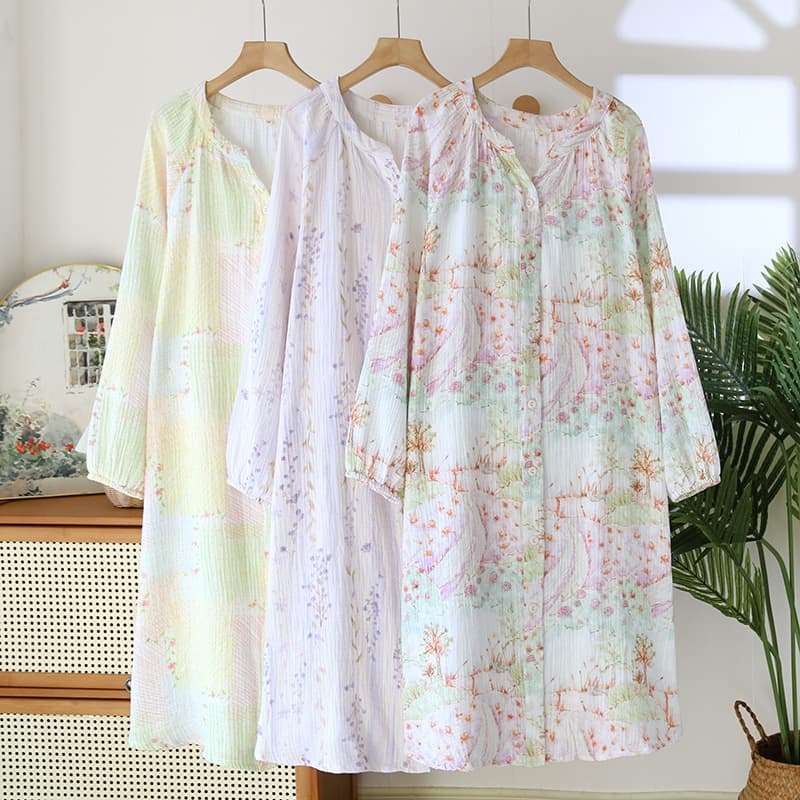 Double-layer Crepe Cotton Plus Size Nightgown for Women Spring Autumn French Long Sleeve Sleep Dress Can Be Worn Out